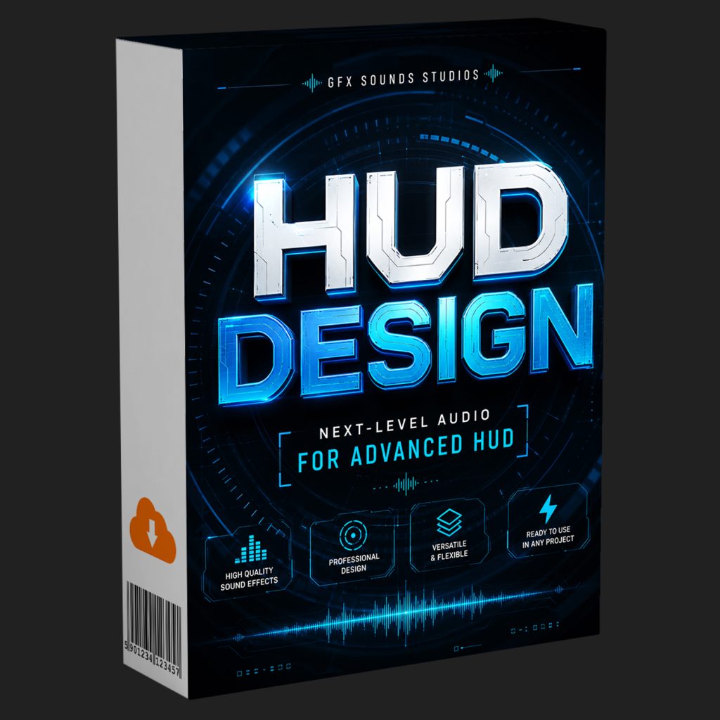 3D software box labeled “HUD DESIGN: Next-Level Audio for Advanced HUD,” displaying icons representing sound effects, versatility, and readiness. The box has a blue futuristic design with waveform graphics set against a black background.