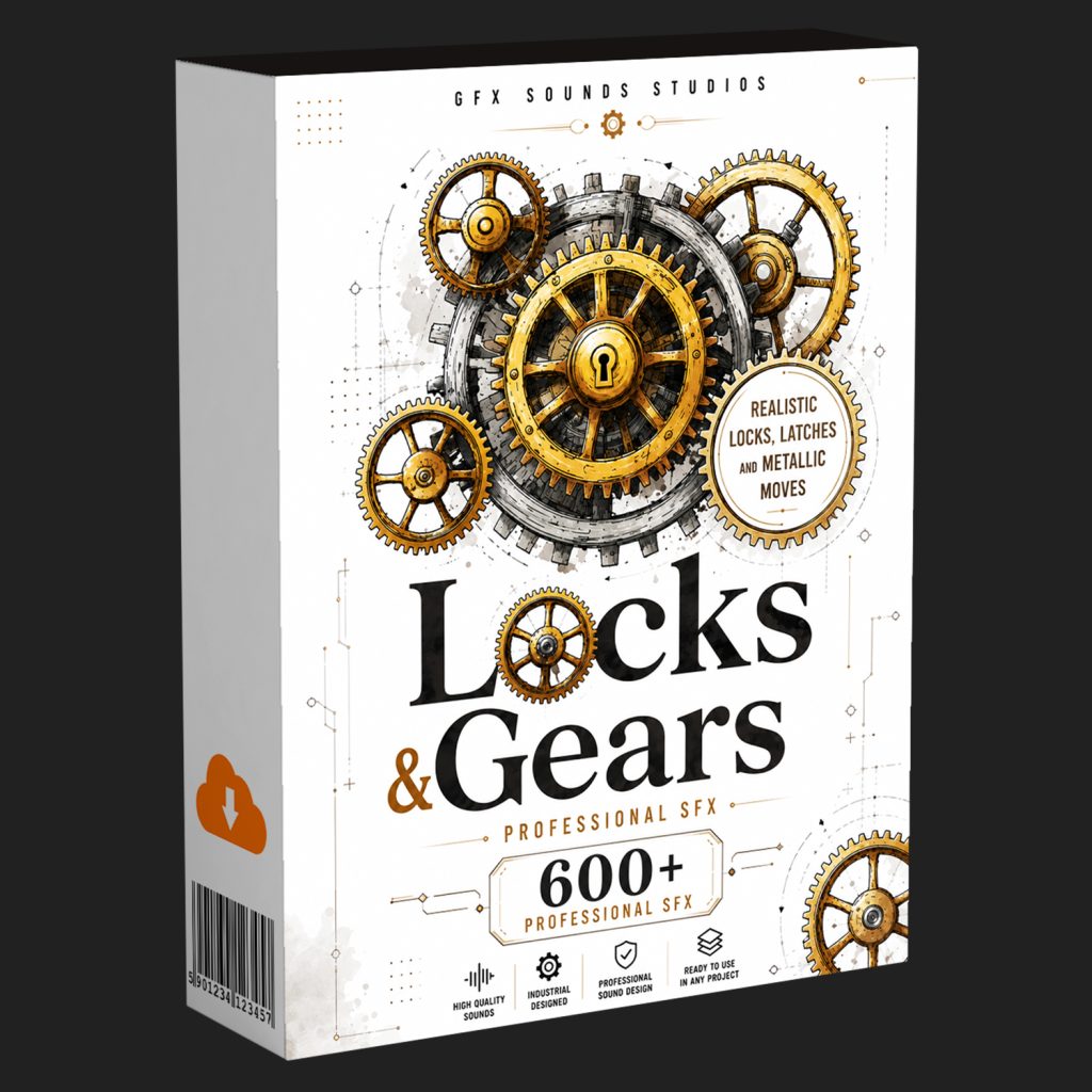 Box for “Locks & Gears Professional SFX” featuring illustrations of golden gears and a lock, promoting a collection of over 600 professional sound effects focused on realistic locks, latches, and metallic movements.