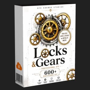Box for “Locks & Gears Professional SFX” featuring illustrations of golden gears and a lock, promoting a collection of over 600 professional sound effects focused on realistic locks, latches, and metallic movements.
