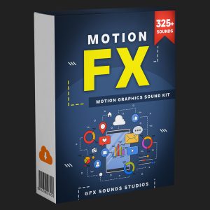 The “Motion FX Motion Graphics Sound Kit” software box contains over 325 sounds. The cover displays graphical icons for media, charts, and notifications. The box is dark blue with white and yellow text.