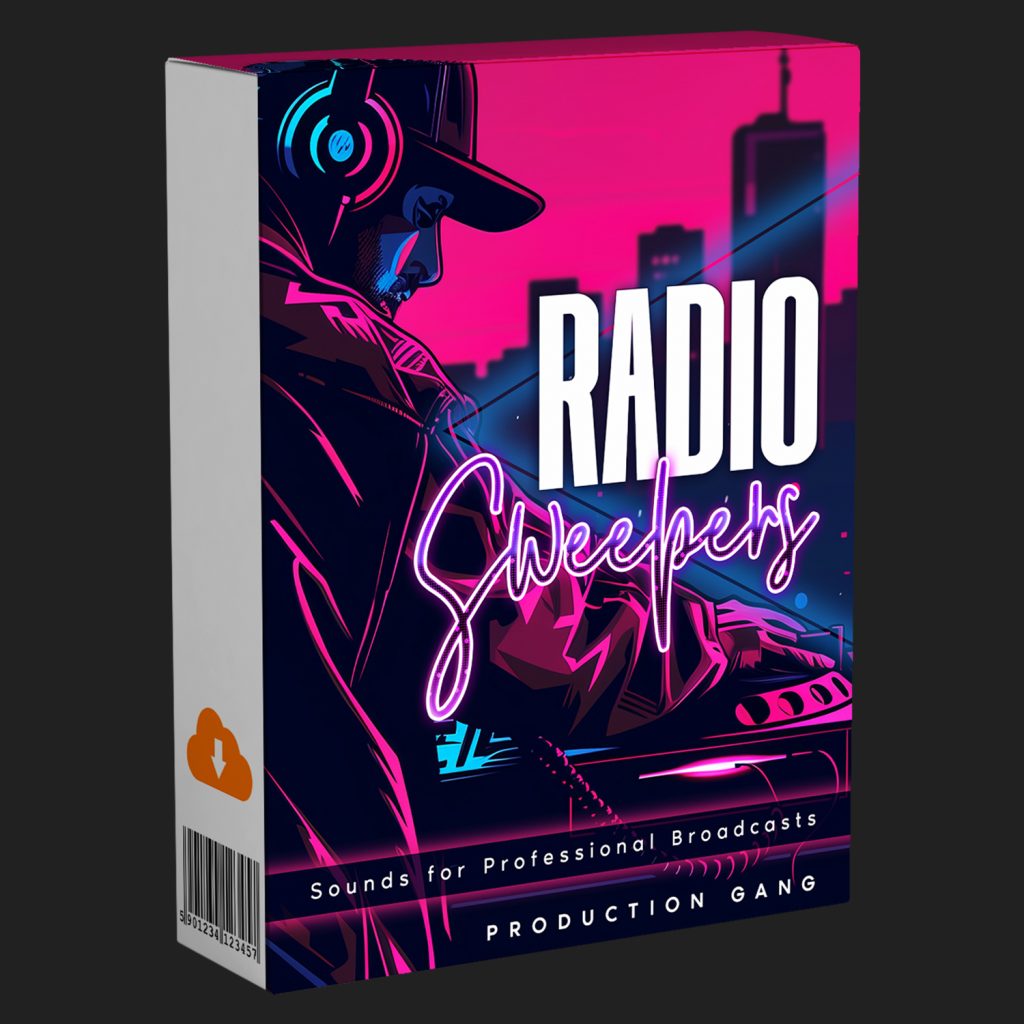 Product box featuring neon artwork of a DJ with headphones playing music. The text on the box reads “RADIO Sweepers,” “Sounds for Professional Broadcasts,” and “PRODUCTION GANG.” A barcode appears on the side of the packaging.