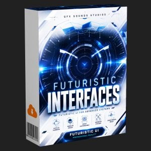 A software box labeled “Futuristic Interfaces” displays a digital blue interface design with abstract technology elements, various icons, and the tagline “UI for Advanced Systems.”.