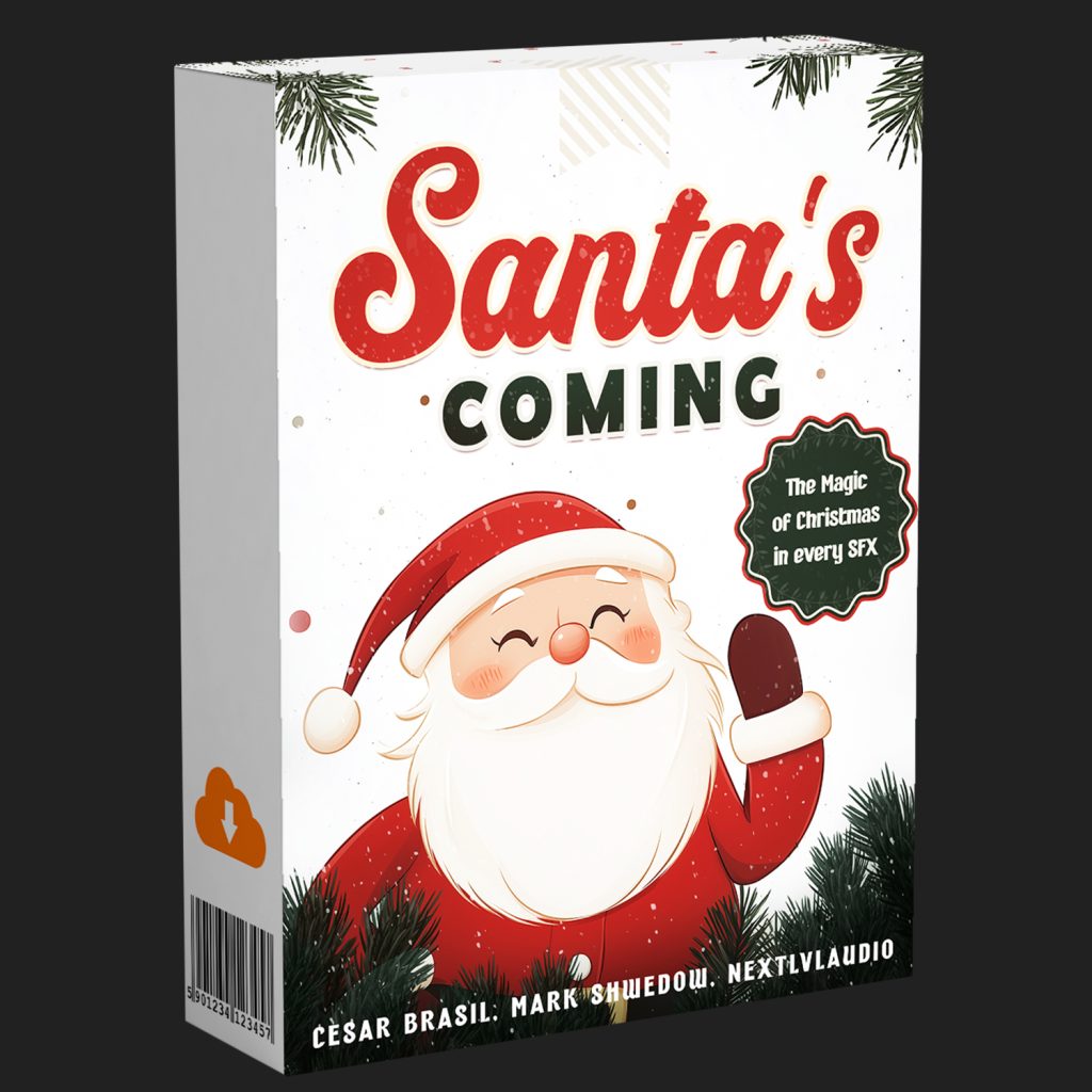 A festive box featuring a cartoon Santa waving, surrounded by pine branches. The text reads “Santa’s Coming” and “The Magic of Christmas in every SFX.” Names and a barcode are displayed at the bottom.