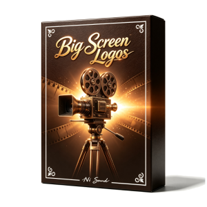 A dark product box titled “Big Screen Logos” displays a vintage film camera with glowing film reels and rays of light, suggesting a cinematic theme. Decorative borders outline the box, and the name “Ni Sound” appears at the bottom.