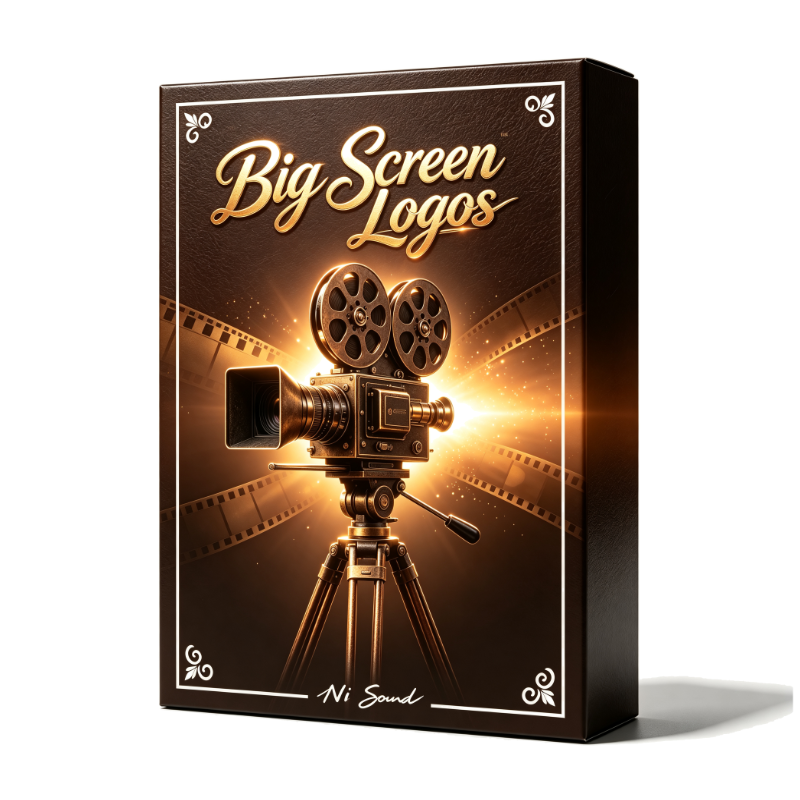 A dark product box titled “Big Screen Logos” displays a vintage film camera with glowing film reels and rays of light, suggesting a cinematic theme. Decorative borders outline the box, and the name “Ni Sound” appears at the bottom.
