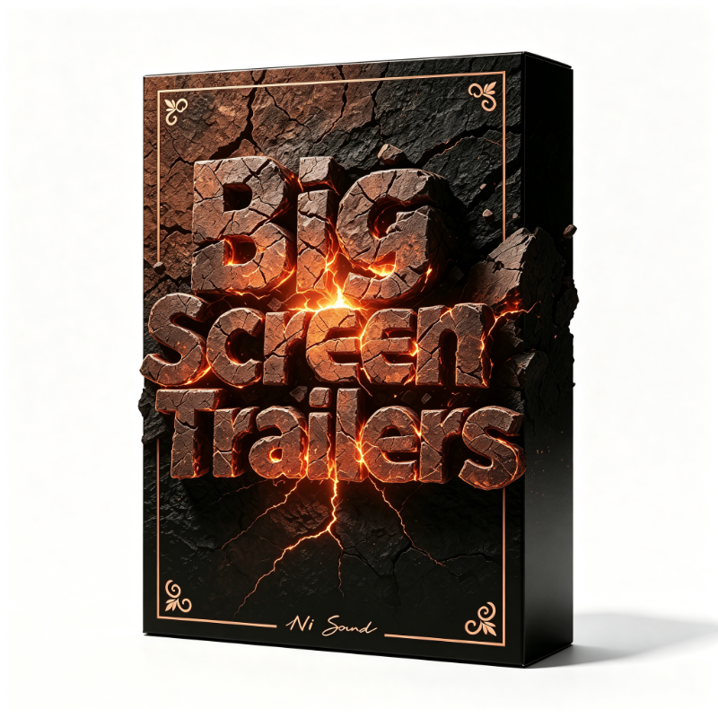A product box displaying the title “Big Screen Trailers” in cracked, fiery lettering set against a dark, textured background. The lower portion features the name “Ni Sound” in cursive script.