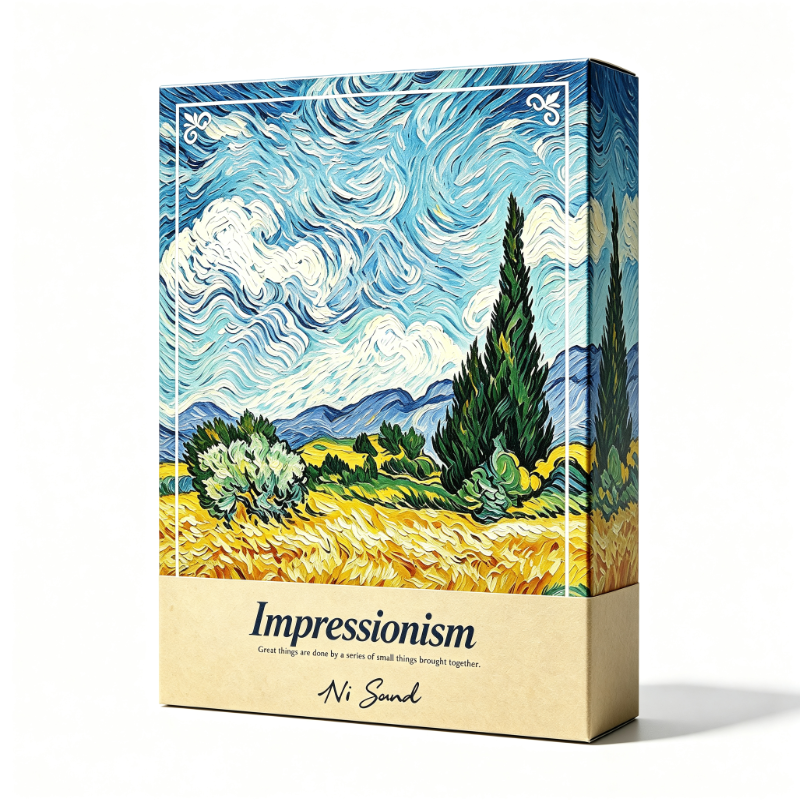 A game box displaying a Van Gogh-style painting of a wheat field with cypress trees and a swirling sky, titled “Impressionism.” The bottom section is beige and includes a quote and signature.