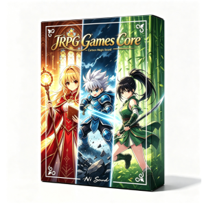 Box cover for “JRPG Games Core” with three anime-style characters: a mage in red, a swordsman in blue armor, and a ninja in green, positioned against a background split between magical elements and a forest scene.