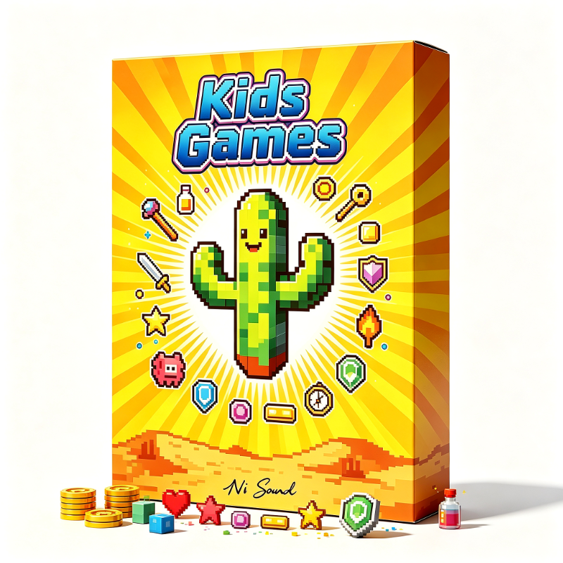 A colorful board game box labeled “Kids Games” displays a pixelated smiling cactus and several pixel art game icons. Coins and game pieces are arranged in front of the box, set against a sunny, desert-themed background.