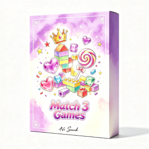 Game box with a pastel design displaying colorful blocks, hearts, gems, and a crown. The lower part of the box includes the text “Match 3 Games” and “Ni Sound.”.