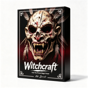 A game box with artwork of a fanged skull mask adorned with feathers and accented by blood splatters. The box shows the title “Witchcraft,” the tagline “Feel The Primal Magic Power,” and the name “Ni Sound.”.