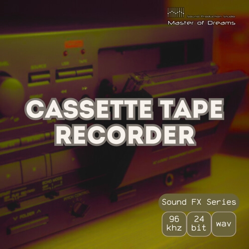 Vintage cassette tape recorder with open tape deck, featuring bold text “Cassette Tape Recorder,” audio specifications, and a “Master of Dreams” label.