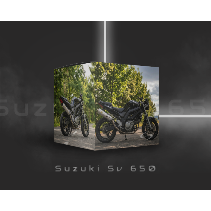 Black Suzuki SV 650 motorcycle viewed from two angles, parked on a road lined with trees in the background. Displayed on a glossy cube with “Suzuki SV 650” text underneath.