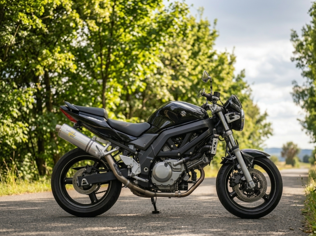 A black Suzuki motorcycle parked on a paved road, surrounded by green trees and a partly cloudy sky in the background.
