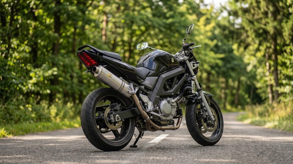 A black motorcycle parked on a paved road, surrounded by green trees as sunlight filters through the foliage.