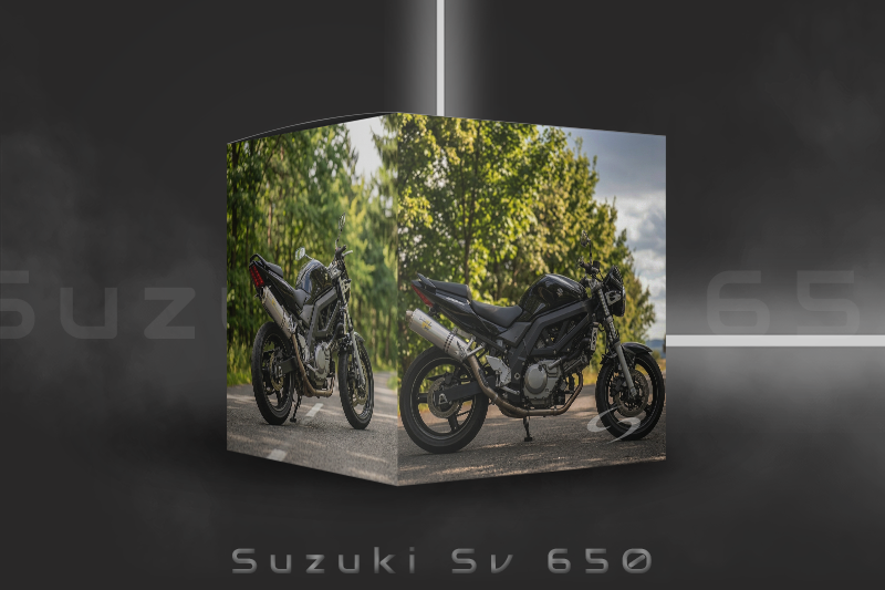 Two views of a black Suzuki SV 650 motorcycle are displayed on a cube with green trees in the background. The text “Suzuki Sv 650” appears below on a dark background.