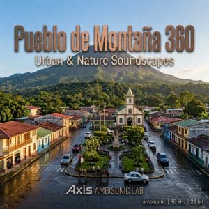 Aerial view of a town square featuring a church, colorful buildings, pedestrians, and parked cars, with a backdrop of lush green mountains under a cloudy sky. Text overlay promotes “Pueblo de Montaña 360” soundscapes by Axis Ambisonic Lab.