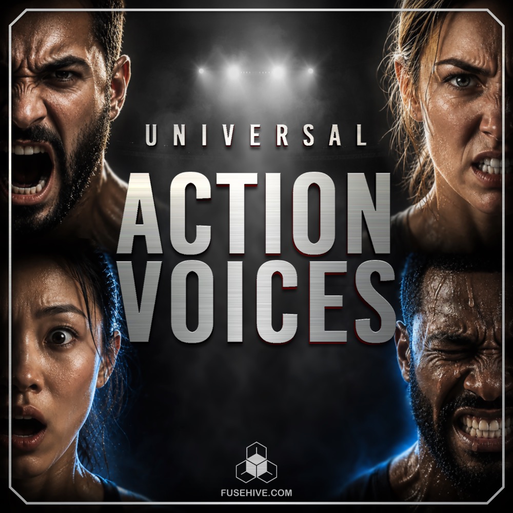 Four faces—two men and two women—showing strong emotions positioned around the text “UNIVERSAL ACTION VOICES” against a dark background. The FuseHive.com logo is present at the bottom.