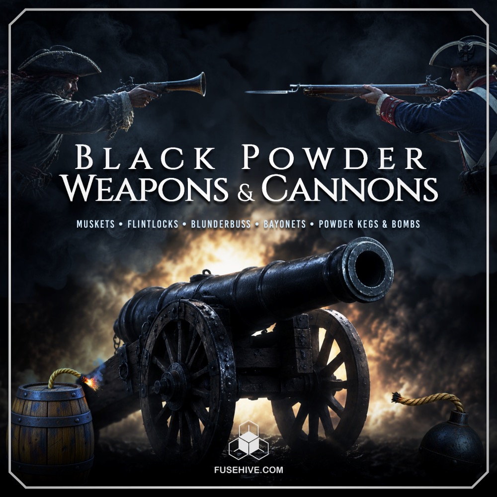 Two historical soldiers point muskets at each other over a large black cannon. On the ground are barrels, a fuse, and cannonballs. The text states: “Black Powder Weapons & Cannons. Muskets, Flintlocks, Blunderbuss, Bayonets, Powder Kegs & Bombs.”.
