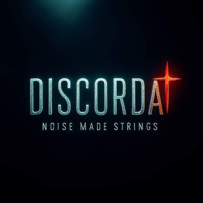 Glowing text displays “DISCORDA,” with the final letter A replaced by an orange star, and “NOISE MADE STRINGS” appears below on a dark background.