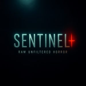 Dark background featuring glowing text. “SENTINEL+” appears in large letters with a red plus sign, and “RAW UNFILTERED HORROR” is displayed below in blue-white text, creating a visually tense and eerie effect.
