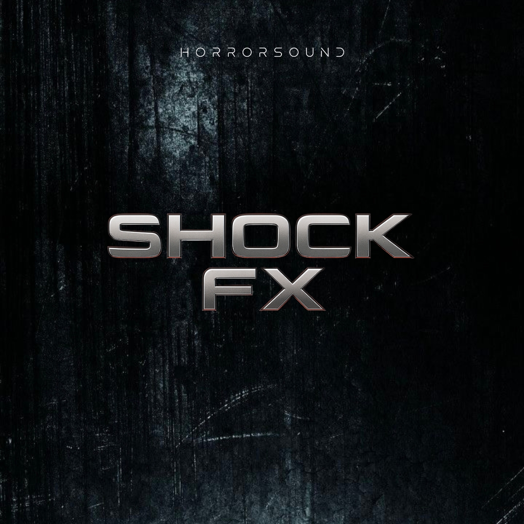 Dark metallic background featuring the word “HORRORSOUND” at the top and large, bold, silver text reading “SHOCK FX” in the center.