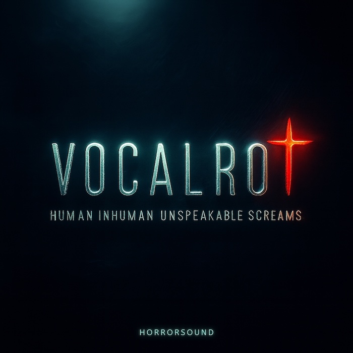 Dark album cover featuring glowing text. The title “VOCALROT” appears with a red glowing cross forming the letter T, accompanied by the phrases “Human Inhuman Unspeakable Screams” and “HORRORSOUND” at the bottom.