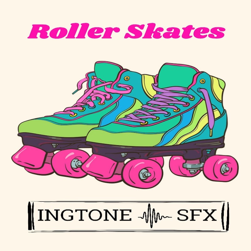 Colorful cartoon roller skates with pink wheels positioned above the text “INGTONE SFX,” featuring a soundwave graphic between the words, set against a light background.