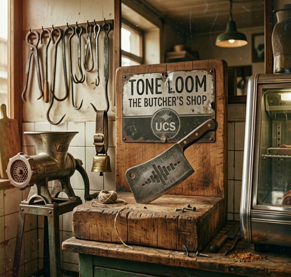 Vintage butcher shop interior with a wooden block, cleaver, meat grinder, hanging tools, and a sign that reads “Tone Loom The Butcher’s Shop UCS.”.
