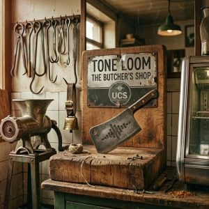 Vintage butcher shop interior with a wooden block, cleaver, meat grinder, hanging tools, and a sign that reads “Tone Loom The Butcher’s Shop UCS.”.