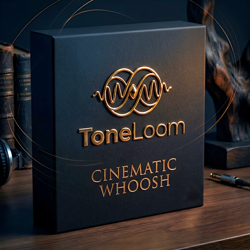 A black box on a desk features the gold logo and text, “ToneLoom CINEMATIC WHOOSH.” Audio equipment and books appear in the background.