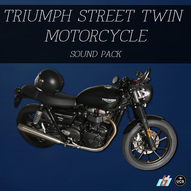 A black Triumph Street Twin motorcycle with a helmet placed on the seat sits against a dark blue background. The text “Triumph Street Twin Motorcycle Sound Pack” appears above. Logos are visible in the bottom right corner.