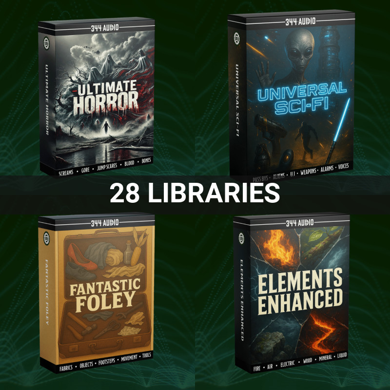 Four audio library boxes—Ultimate Horror, Universal Sci-Fi, Fantastic Foley, and Elements Enhanced—from the Mega SFX Bundle displayed on a green background with “22 Libraries” written across the center.