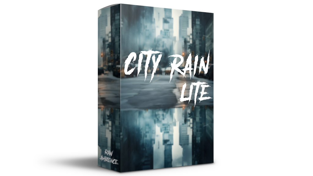 A product box labeled “City Rain Lite” displayed against a blurred cityscape background with wet streets, indicating a rain sound ambiance. The words “Rain Ambience” are shown in smaller text at the bottom left corner.