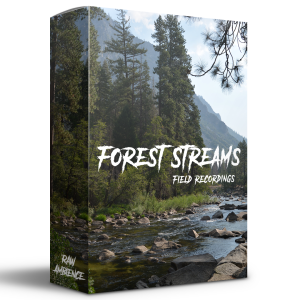 A product box featuring a rocky forest stream, tall pine trees, and mountains. The text on the box reads “Forest Streams Field Recordings,” with “Raw Ambience” in the lower corner.