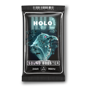 A black packet labeled “HOLO Sound Booster” displays a digital bird head graphic with a futuristic style. Below the label, text reads “24bit,” “UCS,” and “96khz,” accompanied by circuit-like patterns and a technology-inspired design.