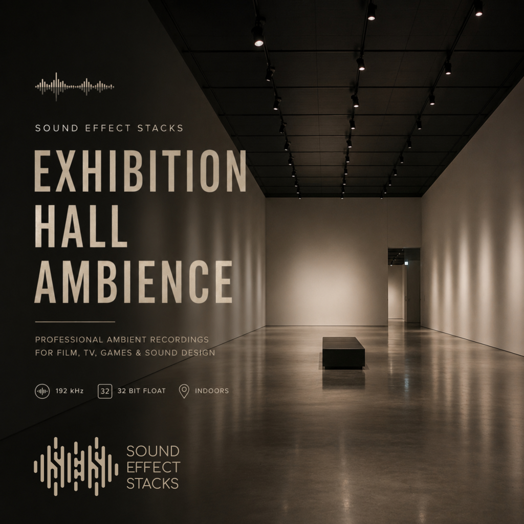 A minimal, empty exhibition hall features high ceilings and soft lighting. The text “Exhibition Hall Ambience” appears, describing sound recordings for film, TV, games, and sound design by Sound Effect Stacks.