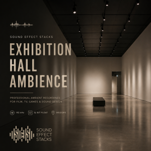 A minimal, empty exhibition hall features high ceilings and soft lighting. The text “Exhibition Hall Ambience” appears, describing sound recordings for film, TV, games, and sound design by Sound Effect Stacks.