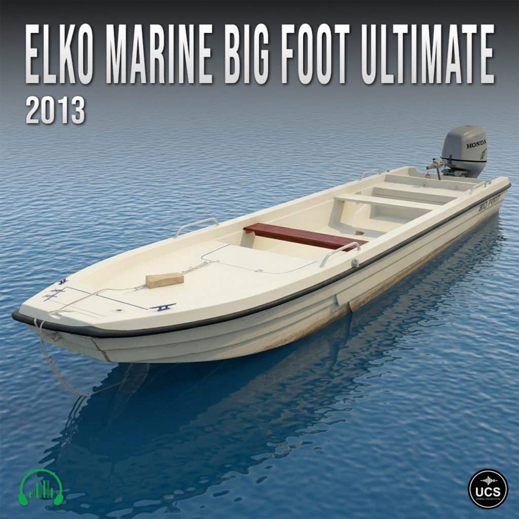 A white Elko Marine Big Foot 2013 boat floats on calm blue water, viewed from the front-left angle. A Honda motor is mounted on the back, with visible text and logos present in the scene.