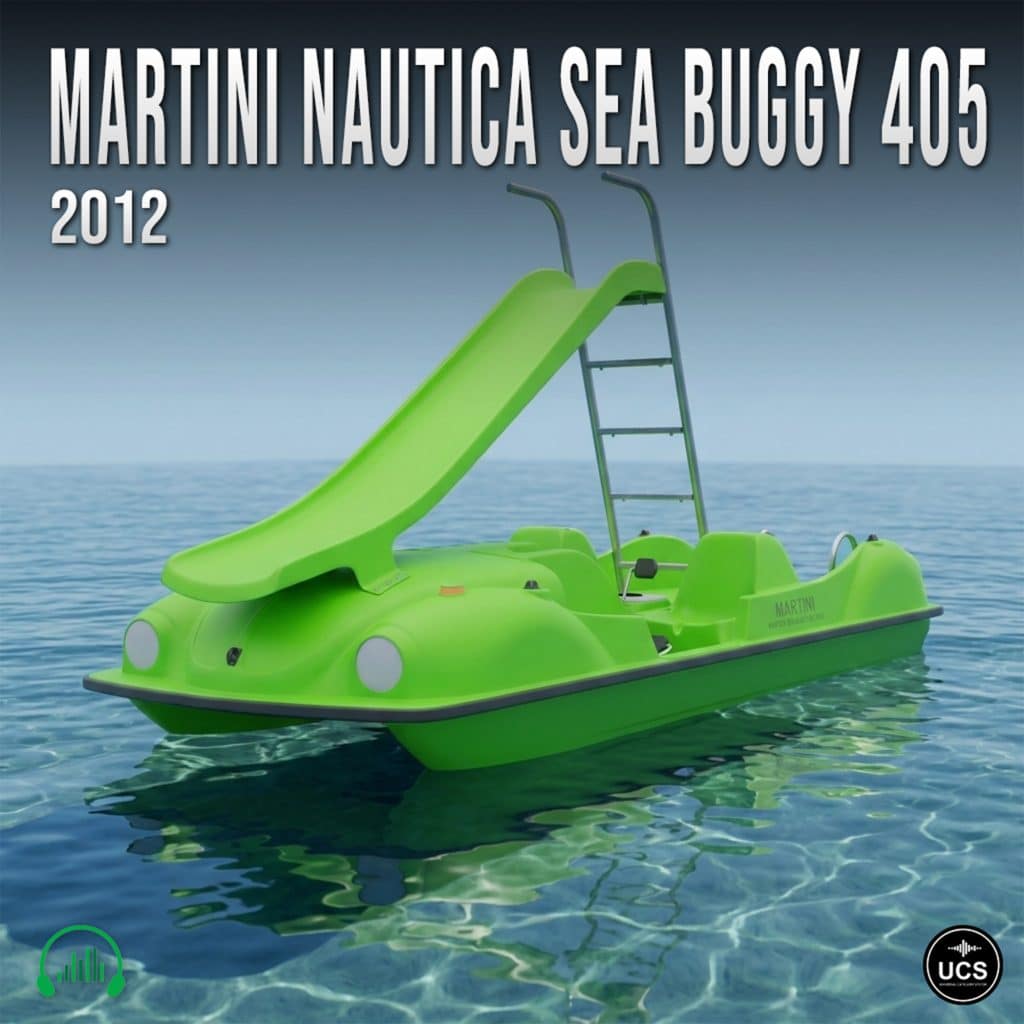A bright green pedal boat with a slide and ladder, marked “Martini Nautica Sea Buggy 405, 2012,” floats on clear water beneath a blue sky.