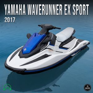 A 2017 Yamaha WaveRunner EX Sport jet ski with a blue, black, and white color scheme and seats for two floats on calm blue water. The text above reads “Yamaha Waverunner EX Sport 2017.”.