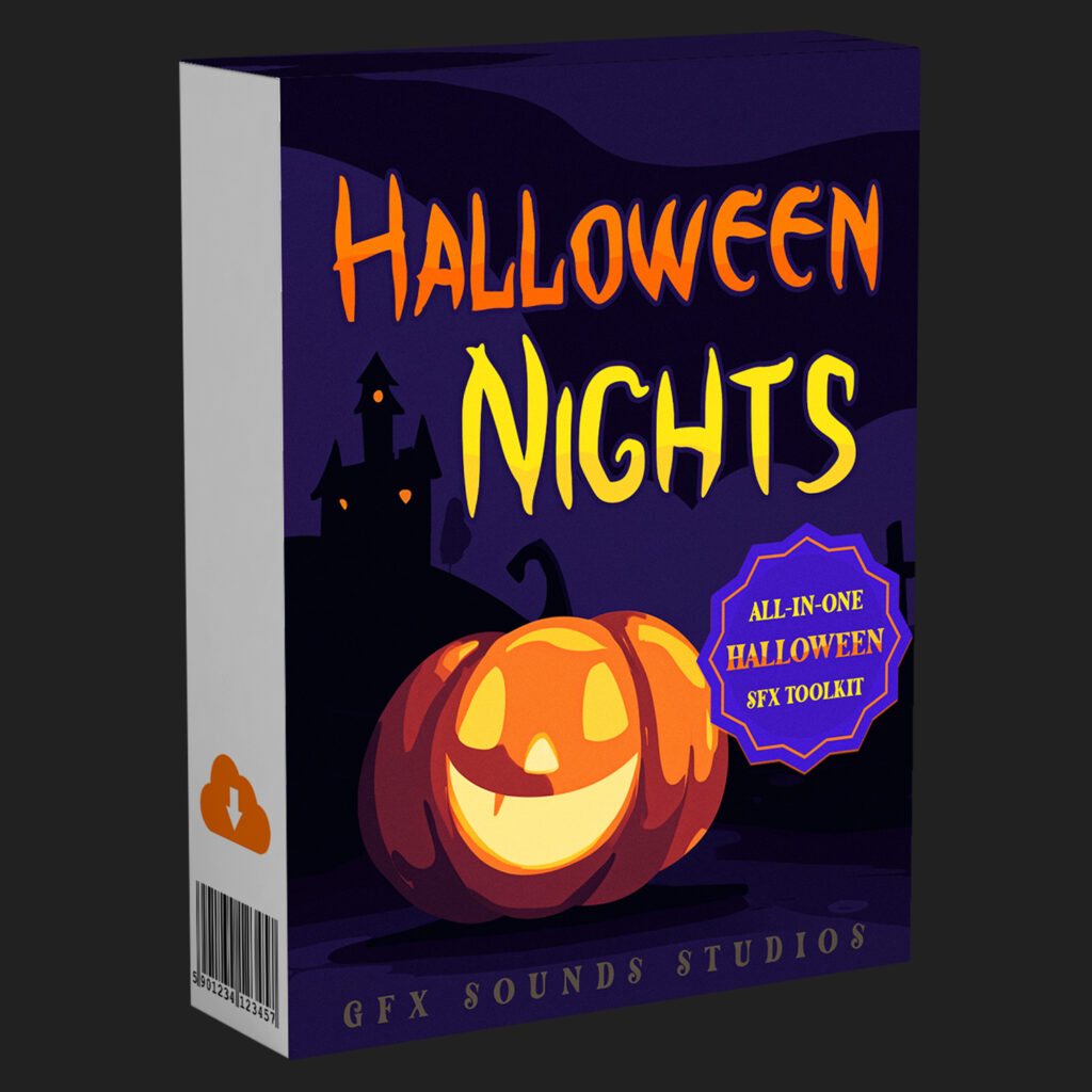 Box featuring “Halloween Nights” in orange and yellow text, a smiling jack-o’-lantern illustration, a haunted house silhouette, and a purple badge labeled “All-In-One Halloween SFX Toolkit.” The background is dark purple with GFX Sounds Studios branding.