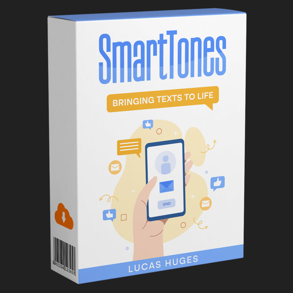 Product box labeled “SmartTones: Bringing Texts to Life” with an illustration of a hand holding a phone displaying chat bubbles. The author name “Lucas Huges” appears at the bottom.