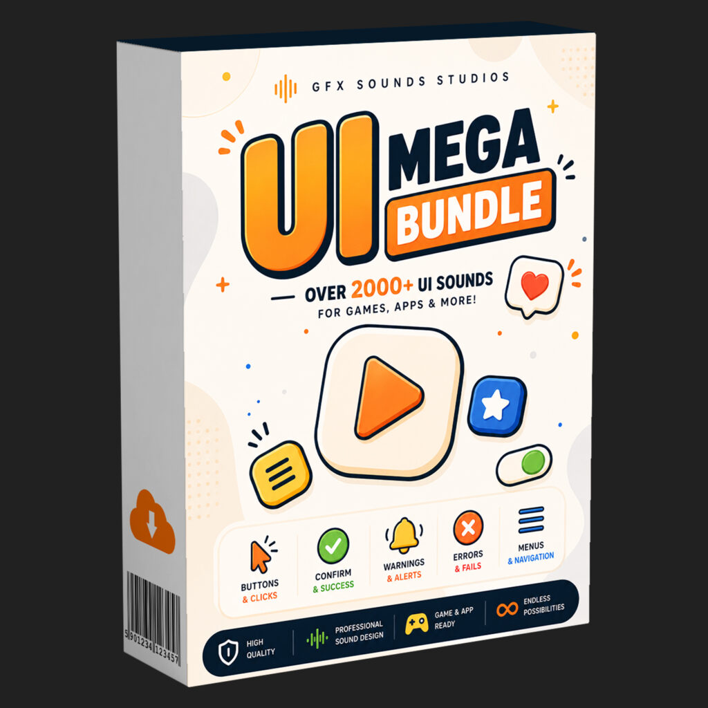 A software box displaying the title “UI Mega Bundle,” accompanied by icons and text noting “Over 2000+ UI Sounds” designed for games and apps. The listed features include sounds for buttons, warnings, errors, menus, and elements of professional sound design.