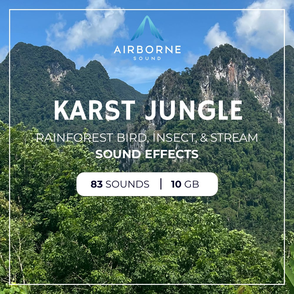 Lush green jungle with tall karst mountains beneath a blue sky, accompanied by text advertising “Airborne Sound Karst Jungle” rainforest sound effects, featuring 83 sounds and 10 GB of audio.