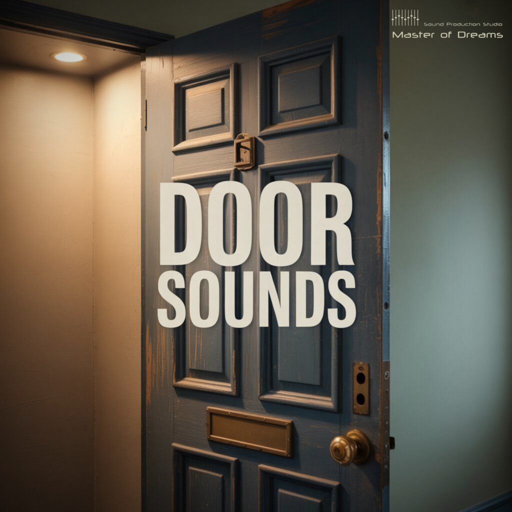A blue, partially open door with “DOOR SOUNDS” in bold text. Warm light comes from inside. The words “Master of Dreams” and a logo are displayed in the upper right corner.