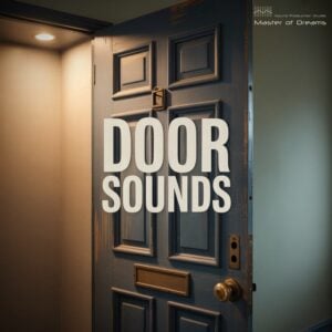A blue, partially open door with “DOOR SOUNDS” in bold text. Warm light comes from inside. The words “Master of Dreams” and a logo are displayed in the upper right corner.
