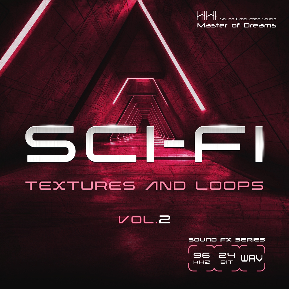 A futuristic tunnel illuminated by neon lights, with the text “SCI-FI Textures and Loops Vol.2” overlaid. Sound FX Series and audio format icons are displayed in the bottom right corner.