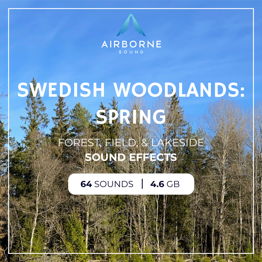Blue sky above leafless and evergreen trees with overlaid text promoting “Swedish Woodlands: Spring” sound effects by Airborne Sound, highlighting 64 sounds and 4.6 GB of content.