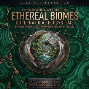 A fantasy-themed album cover showing a large insect above a pond in a magical forest, with swirling green patterns and gold text describing ethereal and supernatural soundscapes.